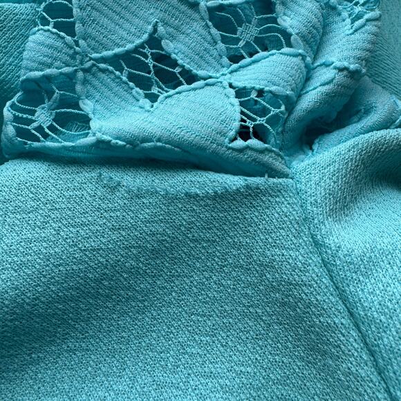 Vintage 70s Montgomery Ward Blue Dress Crochet Lace Sleeve Mock Neck XS Small - Picture 5 of 5